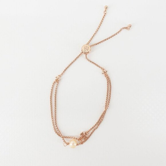 Tory Burch Logo Pearl Slider Adjustable Bracelet Rose Gold OS - Picture 1 of 12